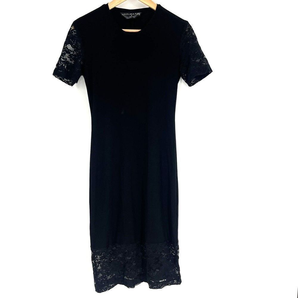 Kamalikulture Dress Size Small Womens Black Stretch Knit Lace Sheath Midi Party